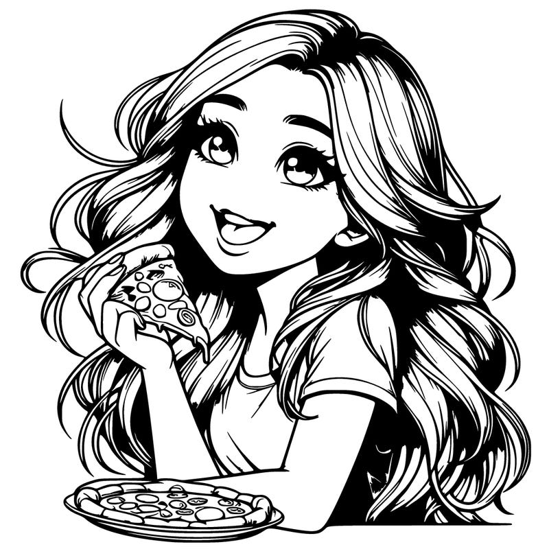 realistic girl with long hair and she's eating pizza