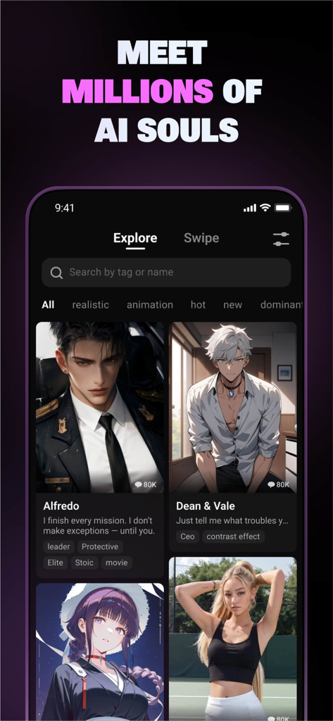 Flipped:Chat with AI Character - Mobile app interface of Flipped showing various AI character profiles for chat and roleplay
