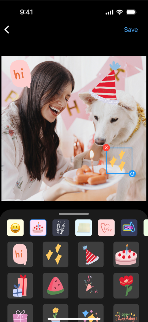 Un'interfaccia di editor di foto che mostra una donna e il suo cane decorati con adesivi di compleanno.
