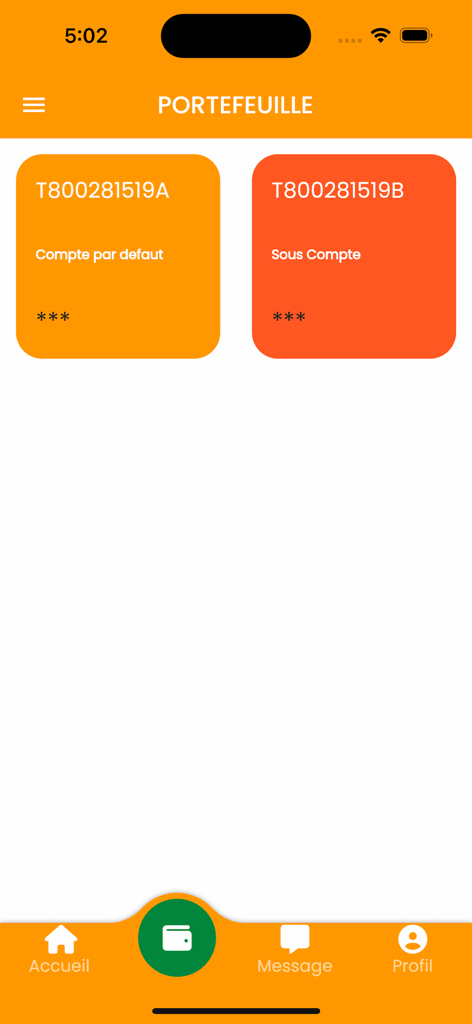Tresor Money mobile app interface showing default and sub accounts in the wallet section