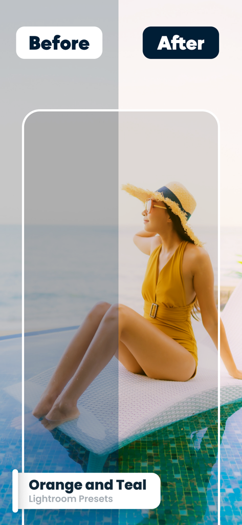 Presets for Lightroom : LRP AI - Una comparación lado a lado de antes y después de una foto de estilo de vida de playa usando el preset de Lightroom naranja y teal