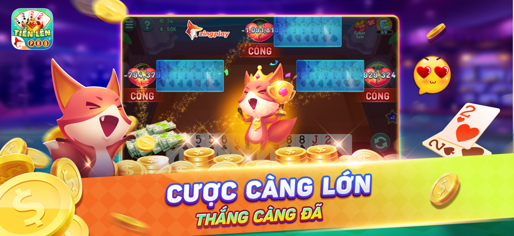 Juego de Tiến Lên Miền Nam Pro ZingPlay que muestra una mascota zorro celebrando una gran victoria con monedas de oro y manos de cartas.