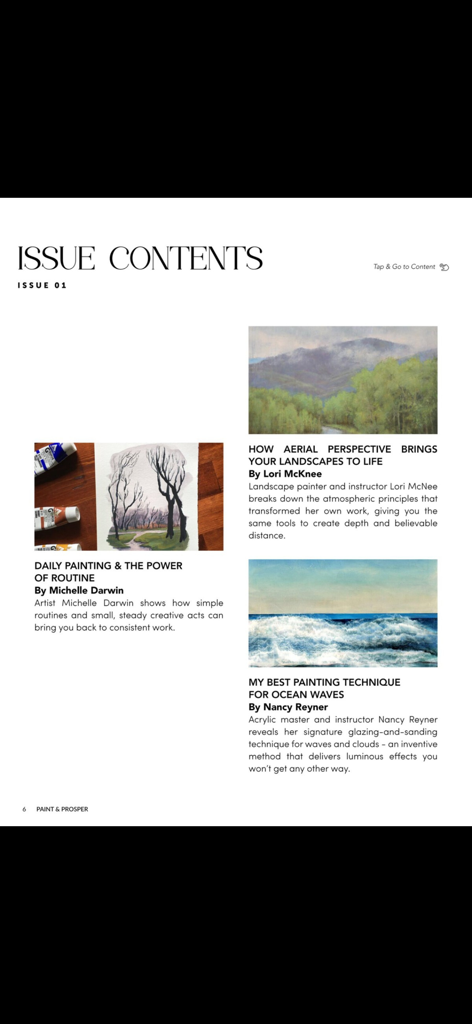 Página de índice de Paint and Prosper Magazine con artículos sobre técnicas de pintura y rutinas artísticas.