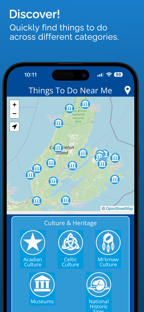Visit Cape Breton 앱 인터페이스가 대화형 지도와 문화 유산 범주를 보여줍니다.