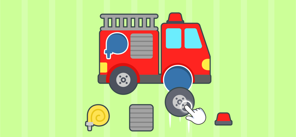 幼児向け消防車パズル。ドラッグ＆ドロップで車輪をはめる。