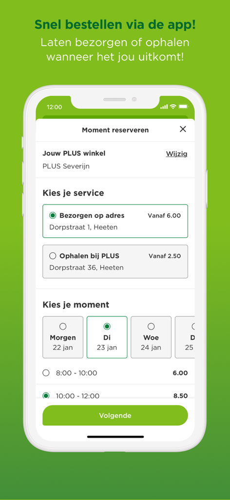 Interfaz móvil para programar la entrega o recogida de víveres en la aplicación PLUS supermarkt