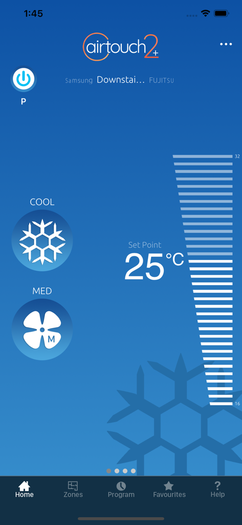 AirTouch 2 plus mobile App-Oberfläche für die Klimasteuerung zu Hause, die den Kühlmodus und die Temperatureinstellungen anzeigt