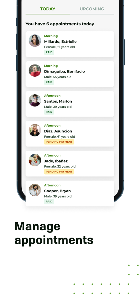 A mobile interface of the PPD Clinic app showing a doctor's daily appointment schedule with patient details and payment status.