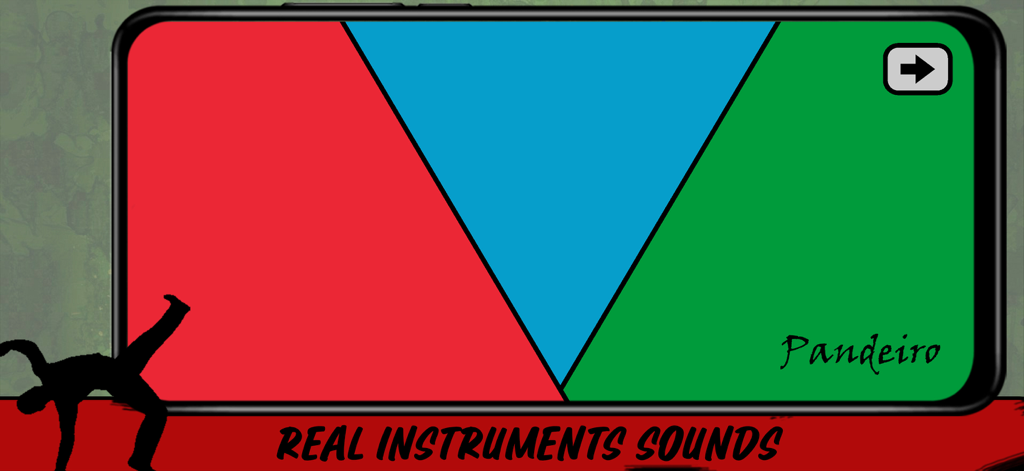 Virtual pandeiro interface with colored percussion pads for authentic instrument sounds