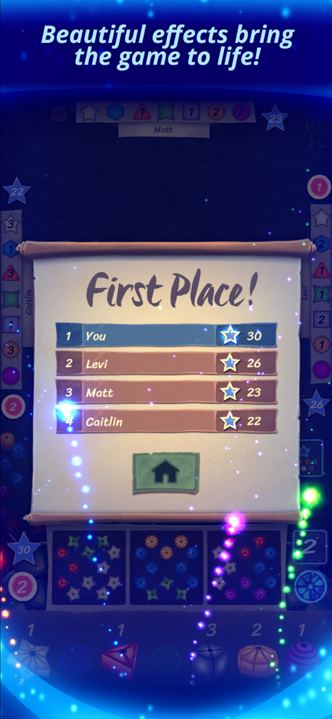 Lanterns: The Harvest Festival - Victory scoreboard in Lanterns The Harvest Festival showing the player in first place with vibrant glowing effects