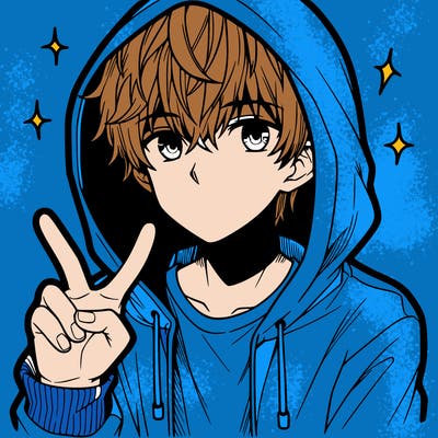 teenage manga boy in a hoodie, doing ✌