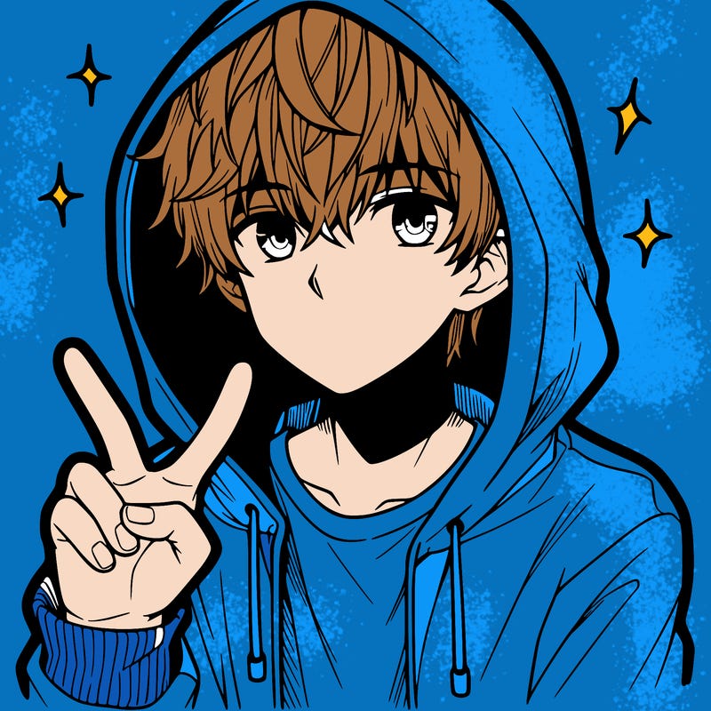 teenage manga boy in a hoodie, doing ✌