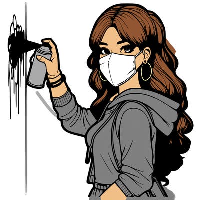 realistic girl with mask spray painting a wall
