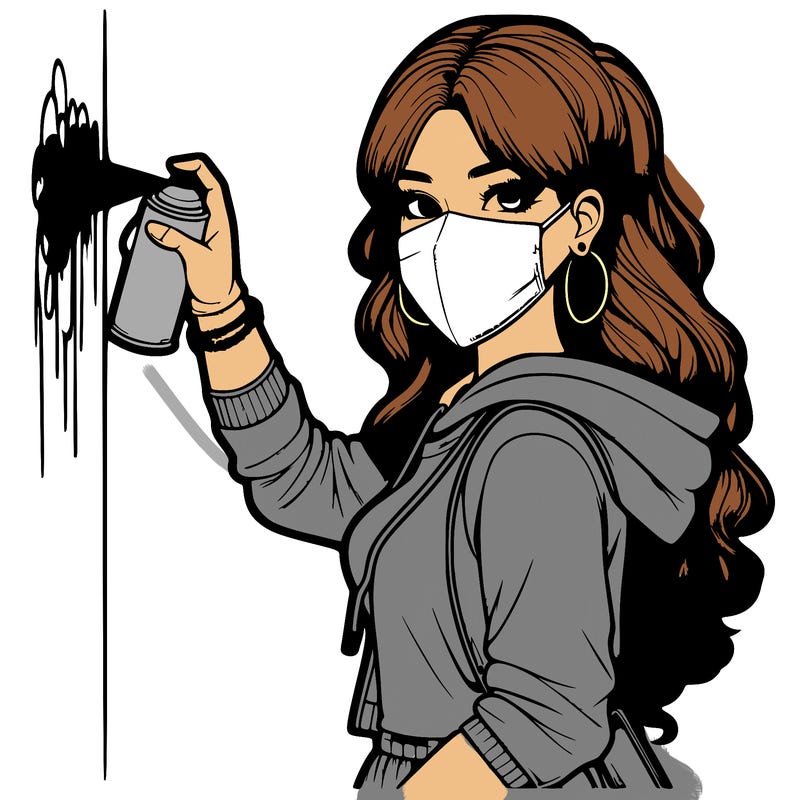 realistic girl with mask spray painting a wall