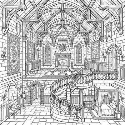 Step back in time and bring this magnificent medieval castle interior to life with your colors. This detailed coloring page showcases a grand hall, winding staircase, and cozy chambers, perfect for an immersive creative escape.