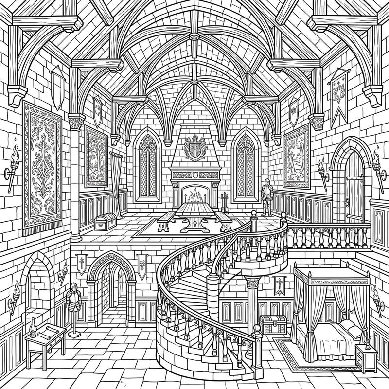 Step back in time and bring this magnificent medieval castle interior to life with your colors. This detailed coloring page showcases a grand hall, winding staircase, and cozy chambers, perfect for an immersive creative escape.