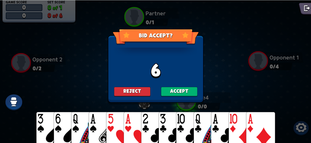 Bidding interface in the Manfee card game showing a bid of six and a player's hand of cards.