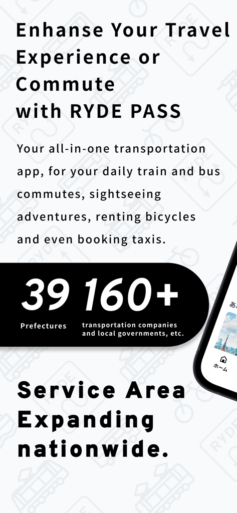 RYDE PASS - E-ticketing App - RYDE PASS app screenshot showing transportation services across 39 prefectures in Japan including trains buses and bike sharing