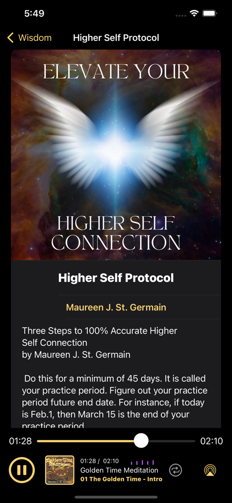 lluminate - Higher Self Protocol screen in the Illuminate app featuring a white angel wings graphic on a cosmic background and meditation instructions