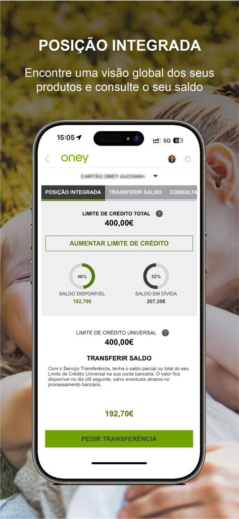 Oney Portugal - Tela do aplicativo Oney Portugal mostrando limites de crédito e visão geral do saldo