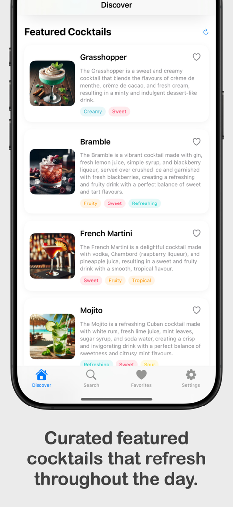Cocktail Codex - La aplicación Cocktail Codex mostrando la pestaña Descubrir con recetas destacadas como Grasshopper, Bramble y French Martini.