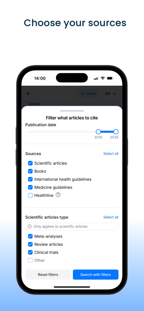 Interfaz de MediSearch AI para filtrar fuentes médicas como artículos científicos y ensayos clínicos