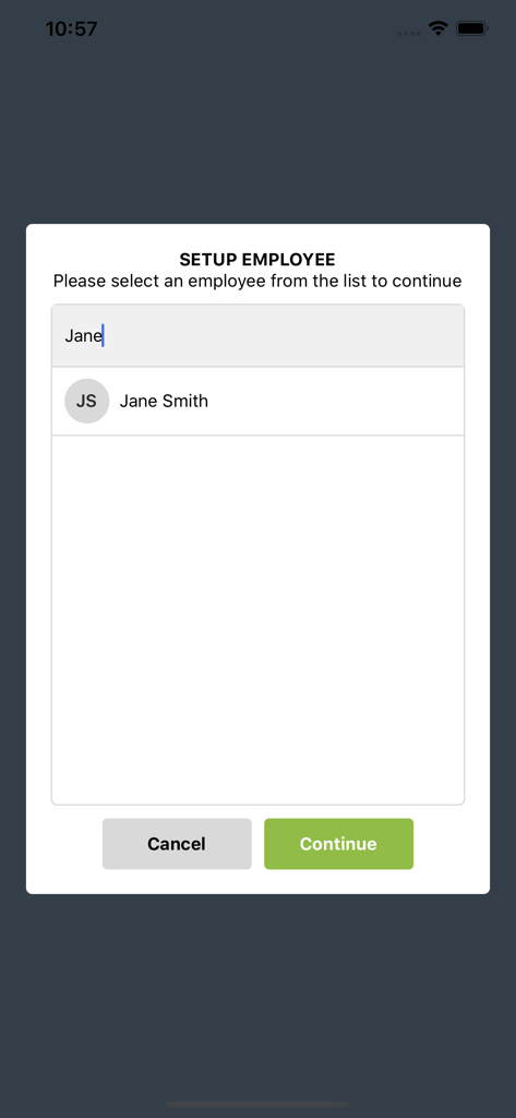 Gig Grafter Punch Clock - Setup employee screen in the Gig Grafter Punch Clock app showing an employee search for Jane Smith.