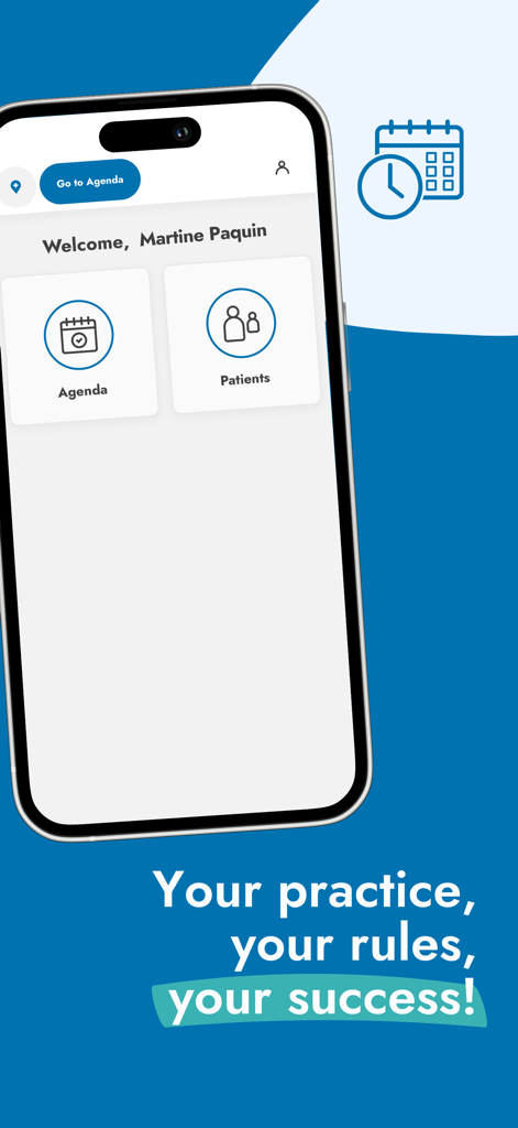 Doctena Pro app interface showing the main dashboard with agenda and patient management options on a mobile device.