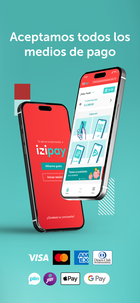 Two smartphones displaying the izipay app interface showing accepted payment methods including Visa Mastercard Apple Pay and Google Pay