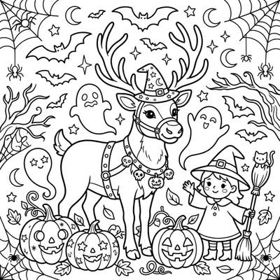Unleash your creativity with this delightful Halloween coloring page featuring a charming female reindeer and a friendly witch. Perfect for celebrating the spooky season with a touch of magic and fun.