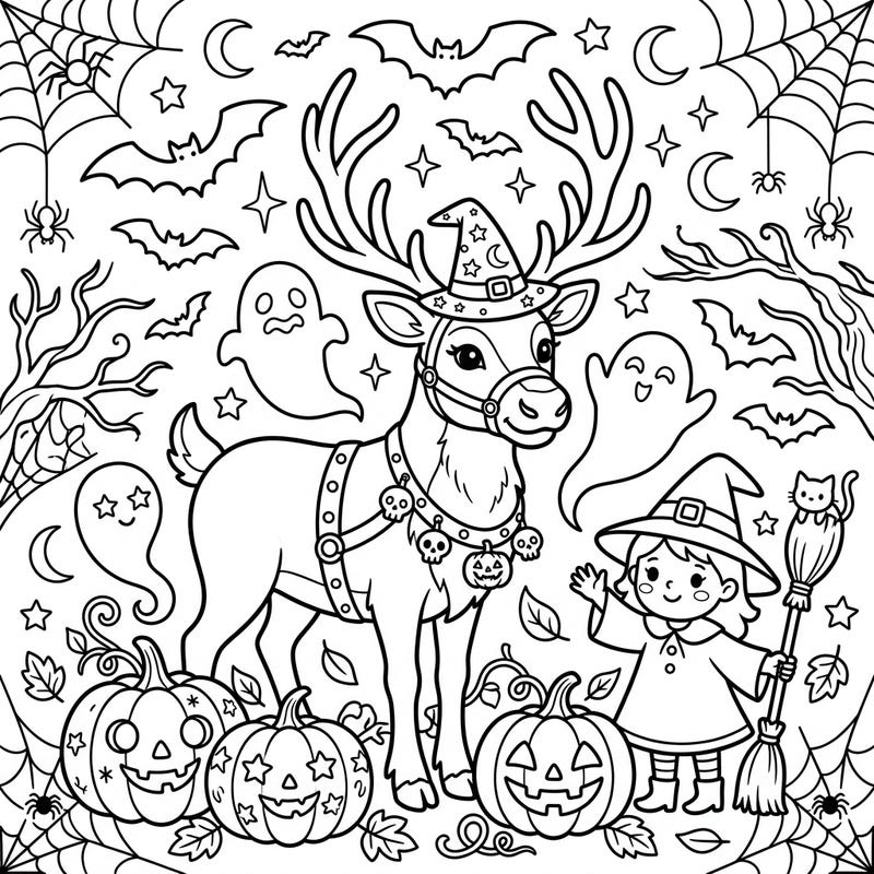 Unleash your creativity with this delightful Halloween coloring page featuring a charming female reindeer and a friendly witch. Perfect for celebrating the spooky season with a touch of magic and fun.