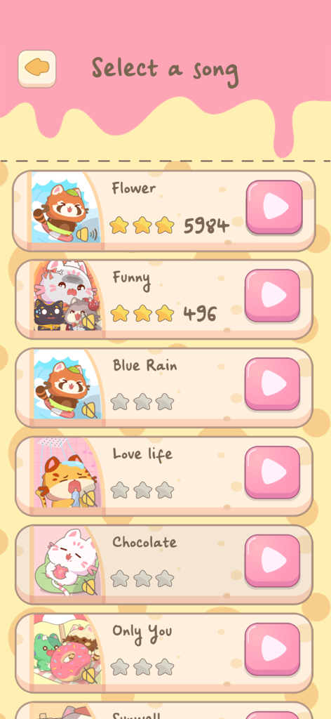 Infinity Cats - Menú de selección de canciones en Infinity Cats que presenta una lista de pistas de música con adorables ilustraciones de gatos y botones de reproducción rosas