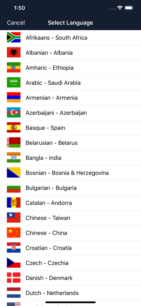 Language selection screen in the Speechy app showing a list of supported languages with their national flags.