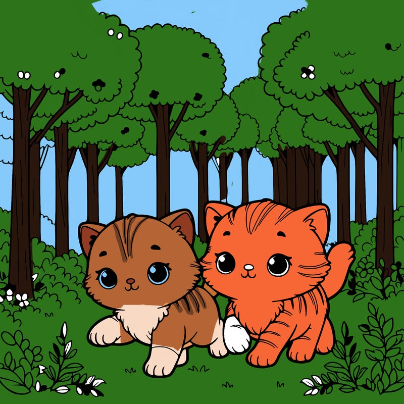 two kittens walking through a forest