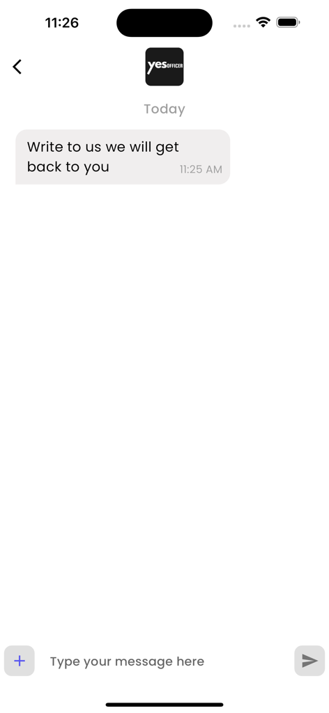 Customer support chat interface in the Yes Officer education app with a message prompt.