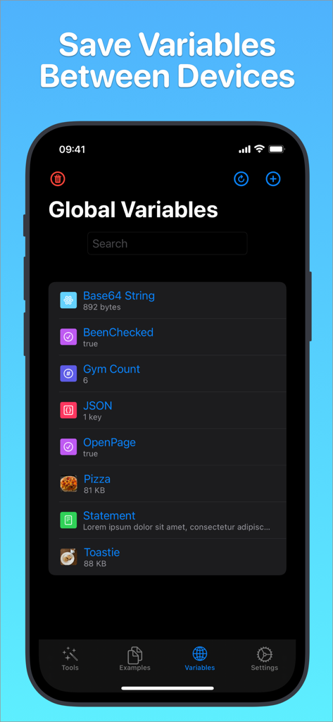 Toolbox Pro for Shortcuts - 기기 간 동기화를 위한 전역 변수 목록을 보여주는 Shortcuts용 Toolbox Pro 스크린샷