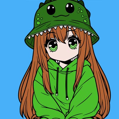 girl with anime shaped eyes with a dinosaur bucket hat oversized sweatshirt long straight hair