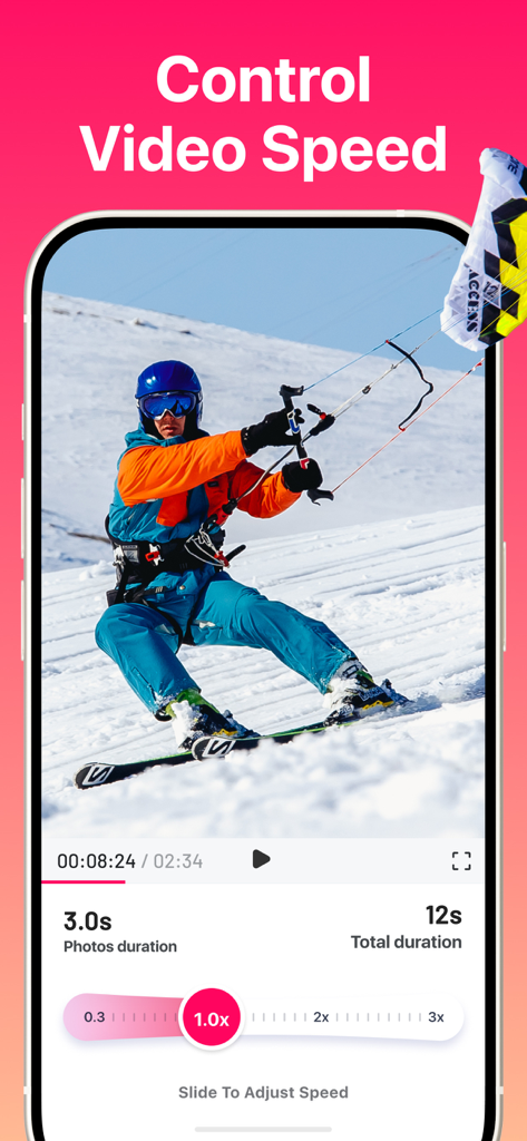 A mobile phone screen displaying the video speed adjustment feature of the SlideShow Maker app with a snowkiting video clip.