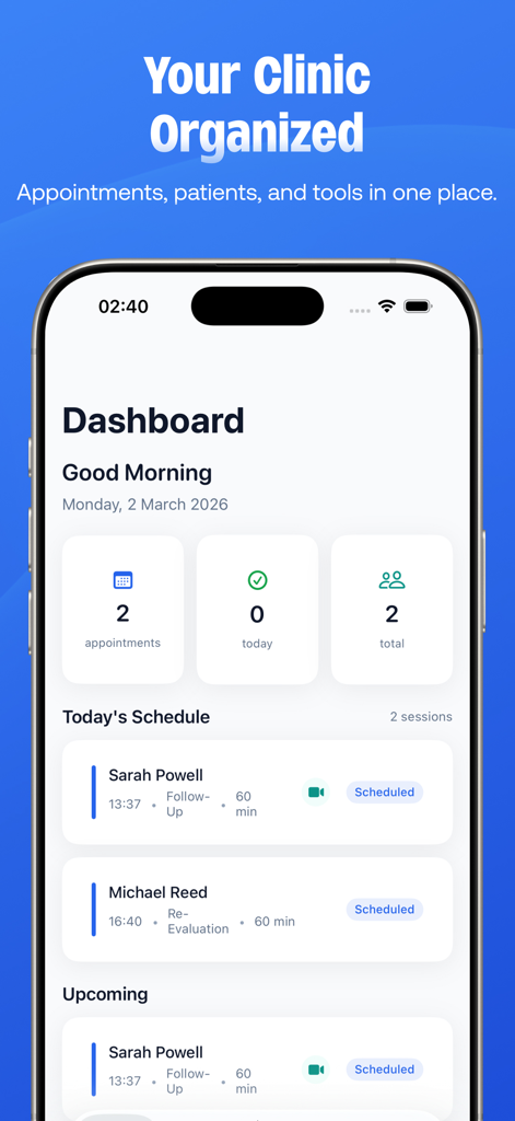 PhysioPocket: PT SOAP AI - Mobile app dashboard for physical therapists displaying patient appointments and clinic data summary