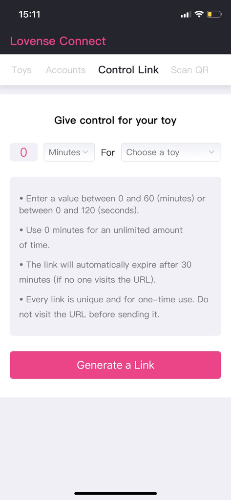 Lovense Connect app interface for generating a remote toy control link