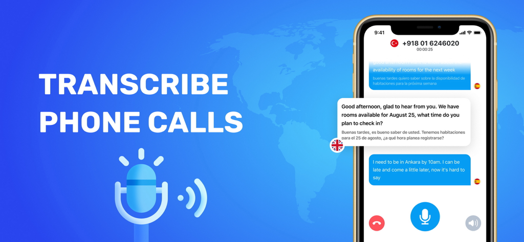 Telefon zeigt Echtzeit-Anruf-Transkription und Übersetzungs-Oberfläche für die Telefonanruf-Übersetzer App