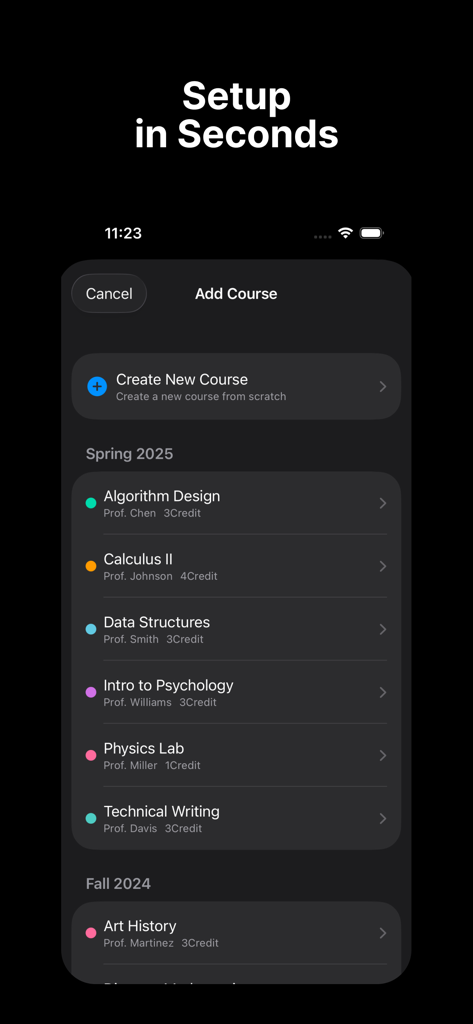A Plus - GPA & Grade Tracker - Interface of A Plus GPA tracker showing a list of college courses for the Spring 2025 semester