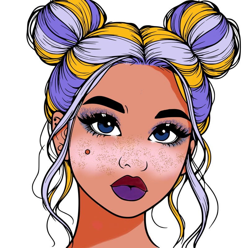 realistic girl with two buns on her hair and lips