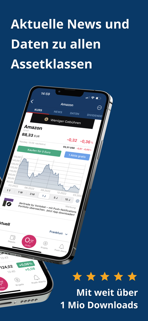 finanzen.net – Markets & News - L'app mobile finanzen.net che mostra dati di mercato azionario Amazon in tempo reale e un grafico dei prezzi.