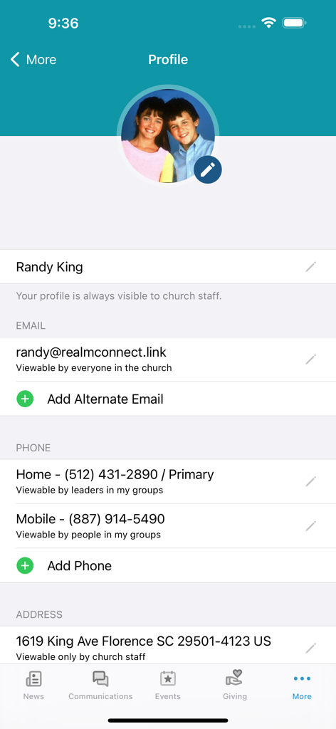 Realm Connect - For Our Church - User profile screen in Realm Connect showing contact details and church privacy settings