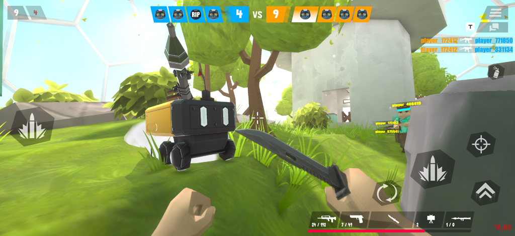 Tactic Shot: FPS Pixel Shooter - First person view of tactical knife combat in a pixelated FPS arena with a robot drone.