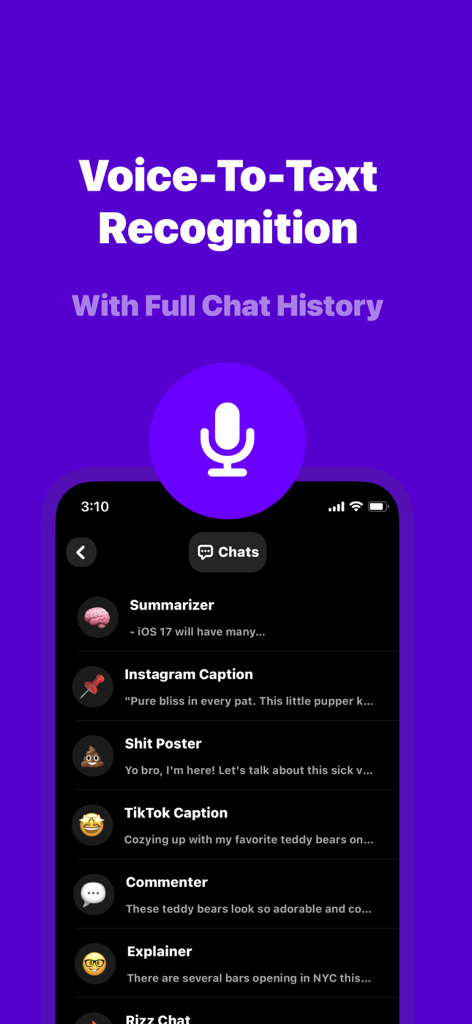 Smarty app interface showing voice-to-text recognition and a list of AI writing tools like social media captions and summarizers.