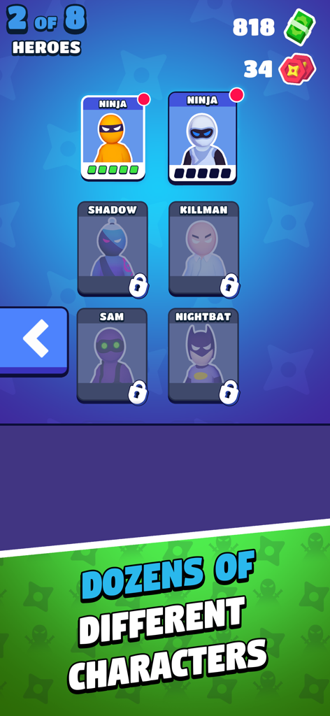 Stealth Master: Assassin Ninja - Character selection screen in Stealth Master showing various ninja and hero skins to unlock