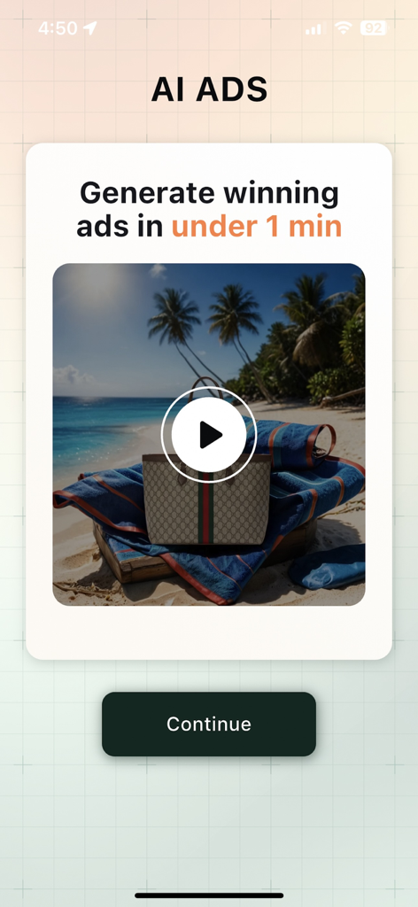 AI Ads - AI Ads app onboarding screen showing a luxury product video and the headline Generate winning ads in under 1 min
