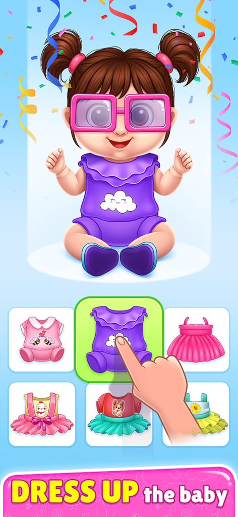 BabySitter DayCare Games - A cartoon baby girl wearing glasses being dressed in a purple romper in the BabySitter DayCare Games app interface.